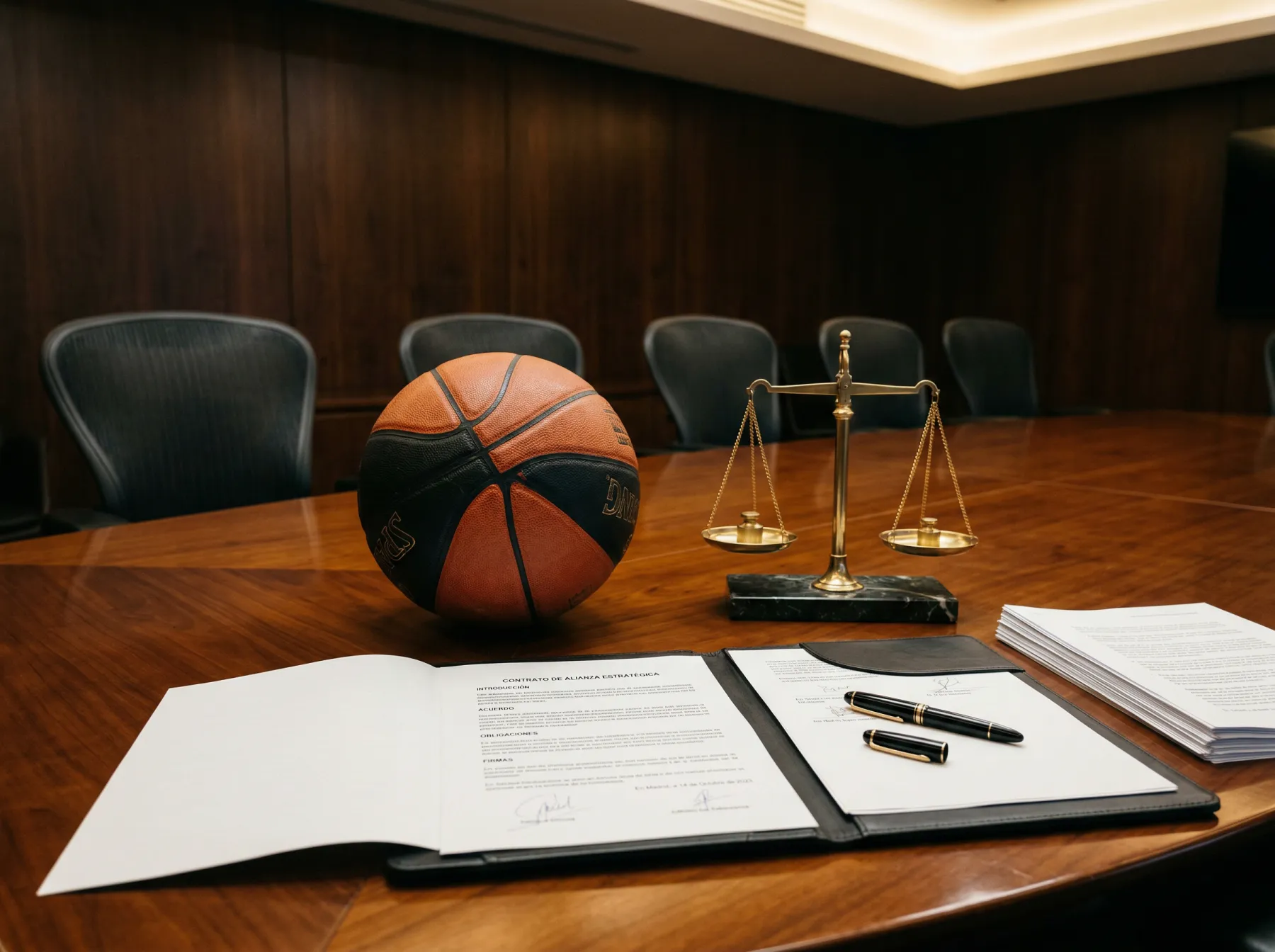 Balón de baloncesto NBA sobre una mesa junto a documentos y una balanza de justicia en miniatura