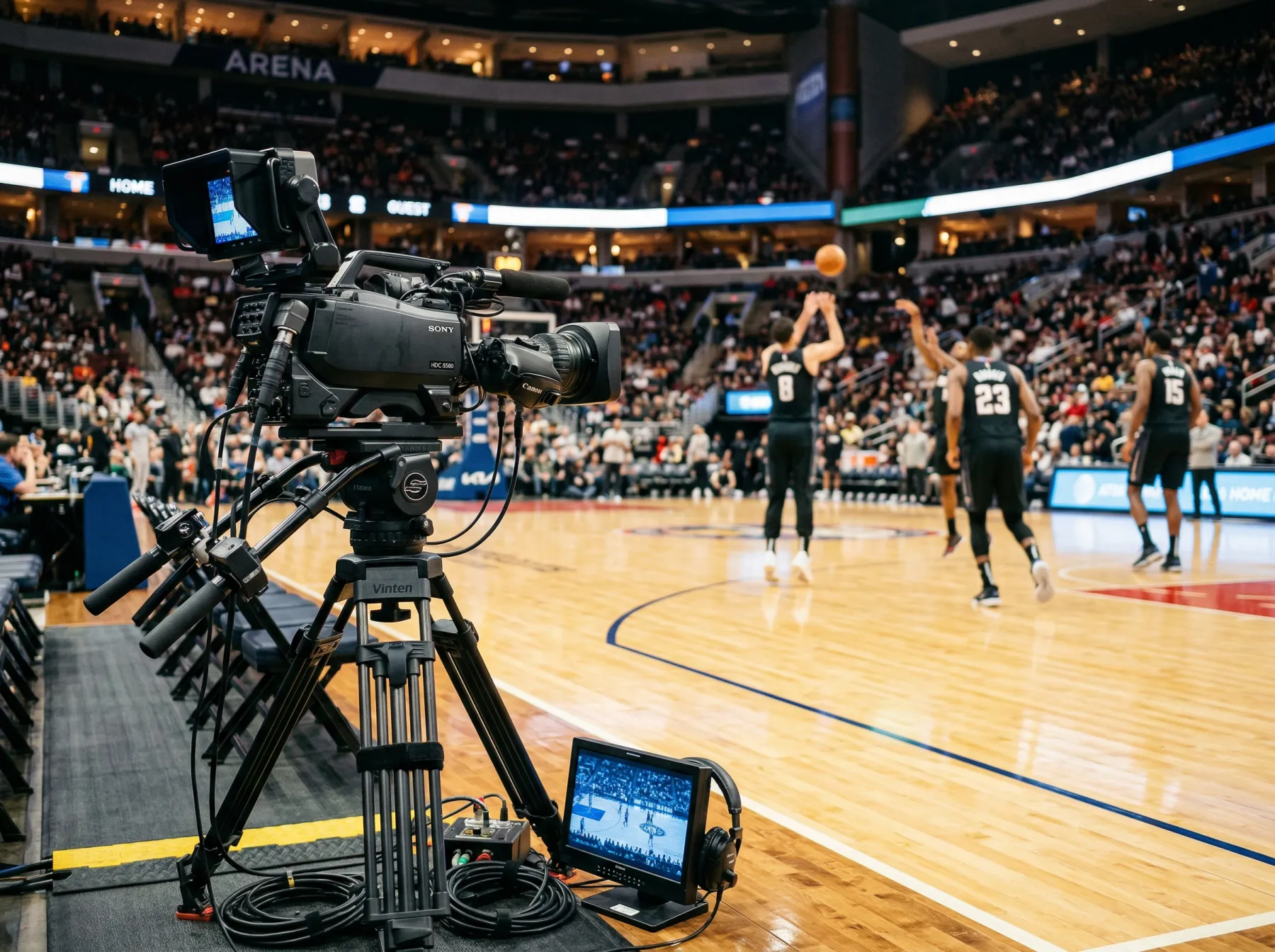 Cámara de televisión enfocando un partido NBA en un pabellón lleno de espectadores